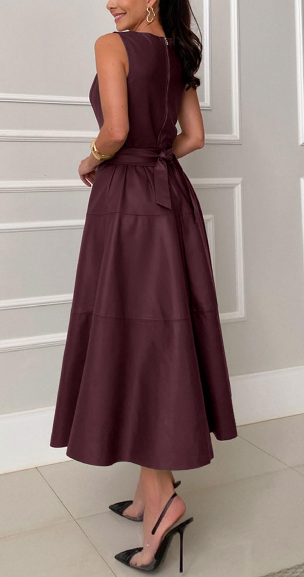 CHARTOU Women PU Faux Leather Sleeveless Elegant Flowy Long Dress Party Night Out Dress with Belt (Large, Red)