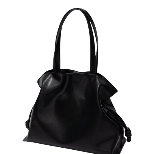 CLARANY Leather Drawstring Tote Bag, Black Genuine Leather Shoulder Bag with Magnetic Snap Closure, Elegant Travel Work Handbag