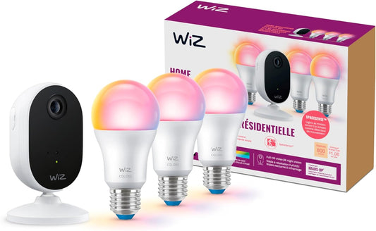 WiZ Connected 1080p 60W A19 Bulb Pack 3 WiZ Home Monitoring Starter Kit Includes Indoor Security Camera, HD Video