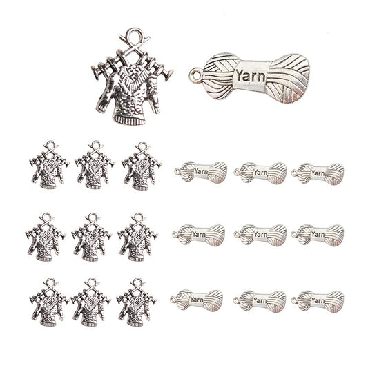 Opexicos 100Pcs Yarn Charms Yarn Pendants 12 x 28 mm and "Knitting" Sweater Charms Kiitting Sweater Pendants Antiqued Silver Tone Double Sided 17 x 18 mm DIY Handmade Accessories Craft
