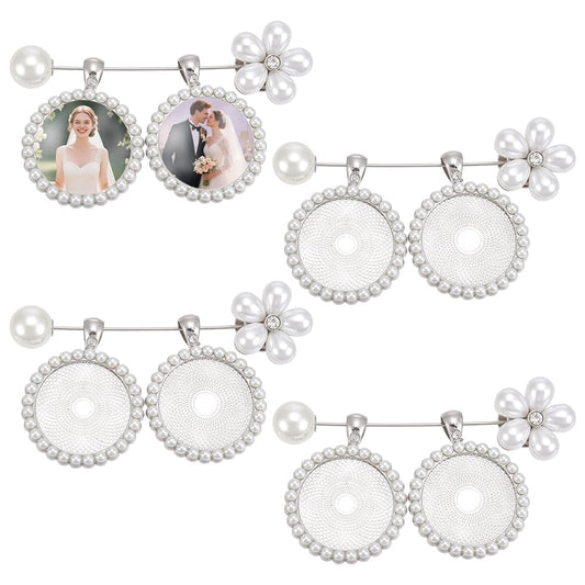 UNICRAFTALE 2 Sets Wedding Bouquet Photo Brooch Charms Rhinestone Bride Pin with Round Glass Cabochons Platinum Memorial Crystal Bride Gift Pearl Floral Bouquet Charms for Friend Bridal Shower Gift