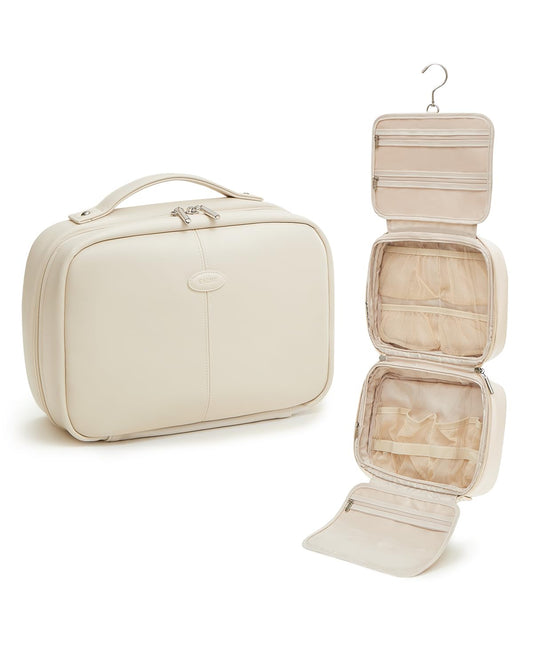 EACHY Toiletry Bag with Hanging Hook, Travel Makeup Bag PU Leather Cosmetic Bags for Women Make Up Organizer with 4 Compartments Waterproof Full-Size Portable Travel Essentials (White，Pro)