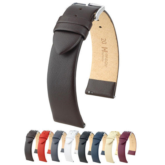 Hirsch Toronto Leather Watch Strap - Brown - L - 16mm - Shiny Silver Buckle - Calf Leather Band