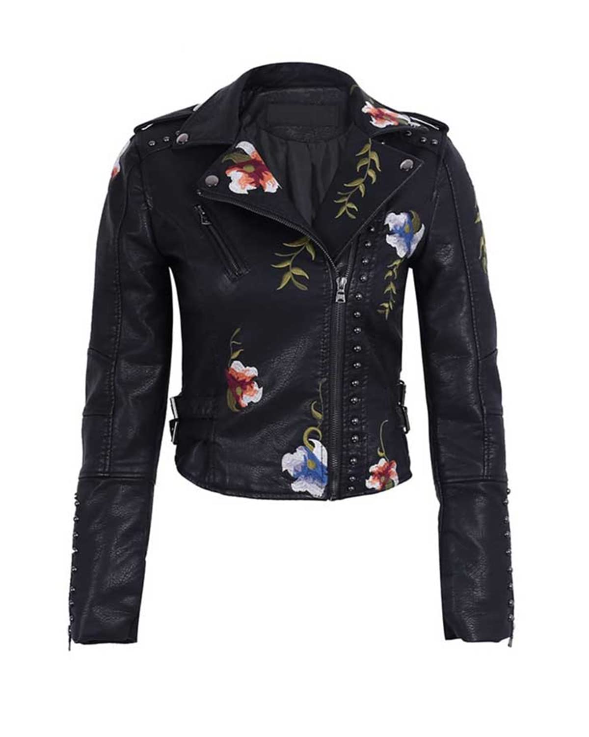 YILANUOYI Women's Embroidered Studded Faux Leather Jacket Moto Punk Jacket Floral Coat (M, XHPY Black)