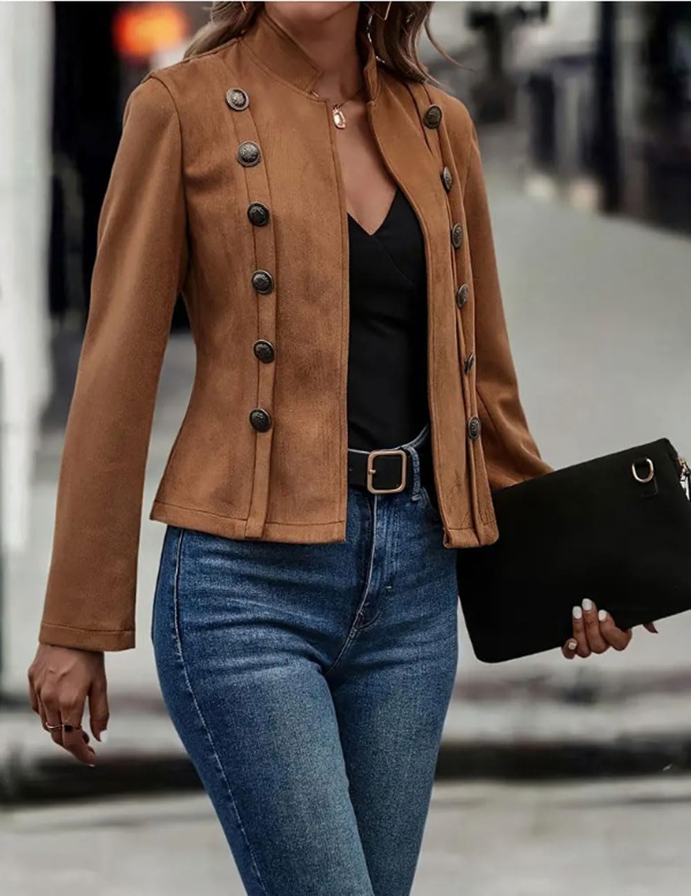 utcoco Women's Faux Suede Leather Jacket Casual Long Sleeve Blazer Jacket Coat 2025 Fall Outfits (Small, Brown)