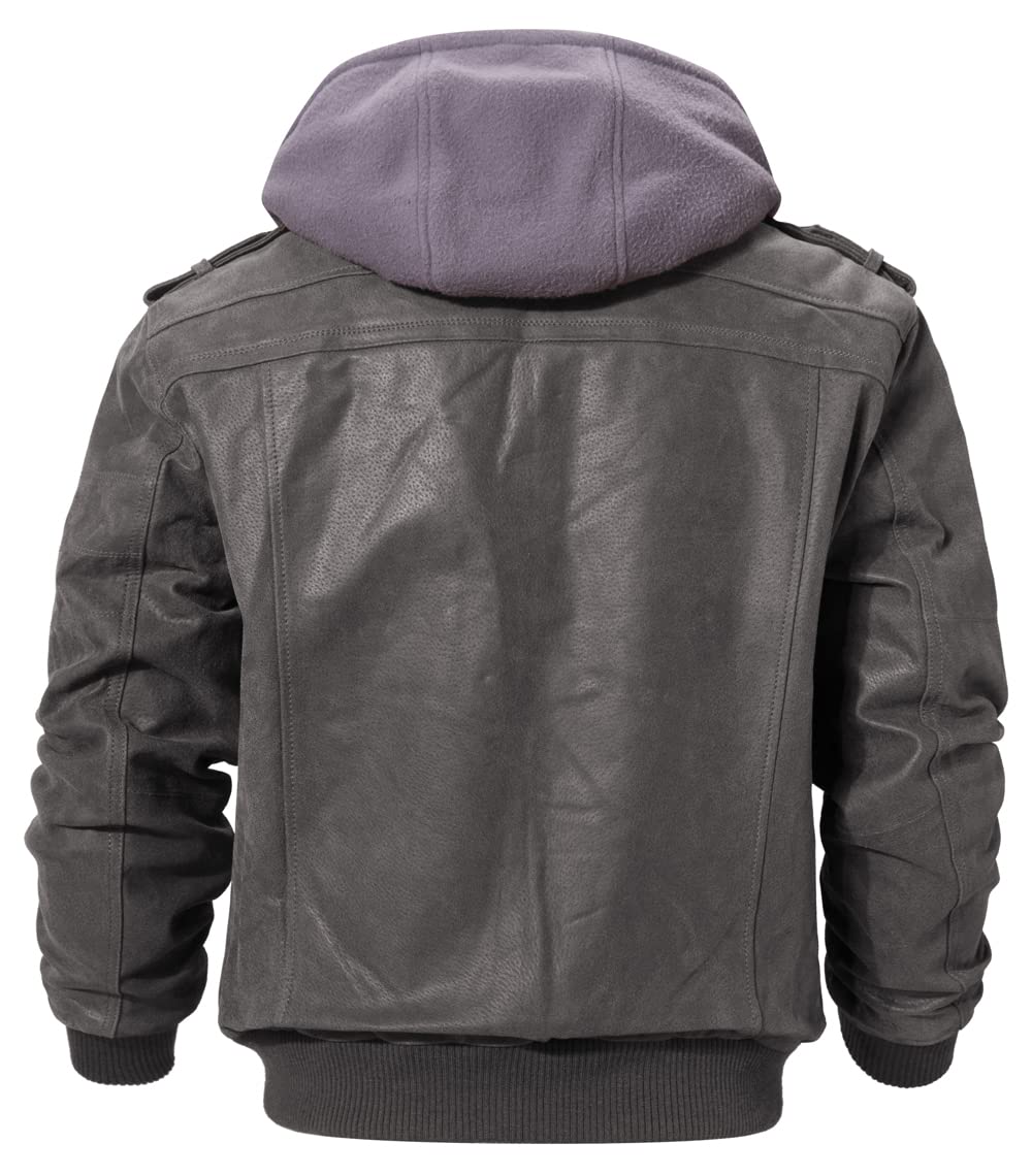 FLAVOR Men Brown Leather Motorcycle Jacket with Removable Hood (Medium, Gray)