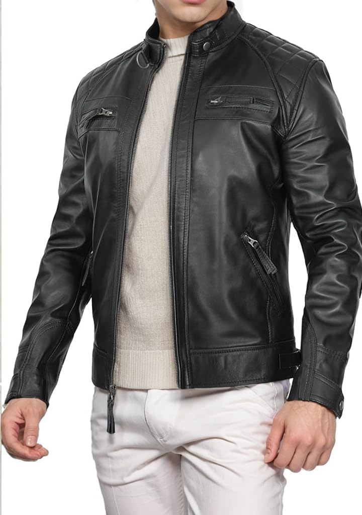 DECIMAL Men's Black Genuine Lambskin Leather Biker Jacket VINTAGE REAL MOTORCYCLE JACKETS FOR MEN (US, Alpha, Large, Regular, Regular, UBLACK)