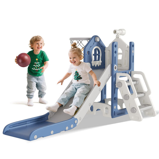 BIERUM 6 in 1 Toddler Slide - L-Shaped Baby Slide for Toddlers Aged 1-3 with Basketball Hoop, Telescope Toy and Anti-Slip Pads, Indoor Outdoor Toddler Playset, Blue Gray