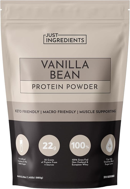 JUST INGREDIENTS Vanilla Bean Protein Powder ??20-Serving Blend with 100% Grass-Fed Whey & Organic Plant Proteins ??Real Vanilla Bean & Cinnamon ??Supports Muscle Recovery, Energy*