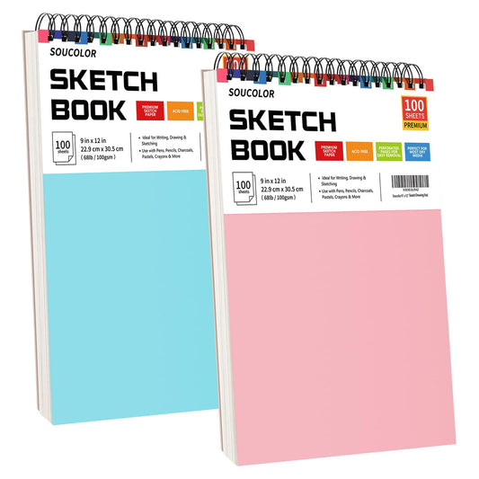Soucolor Art Supplies Sketching Kit with 100 Sheets 2 Pack Sketchbook, Girl Gifts, Arts and Crafts for Kids Ages 8-12, School Supplies 9x12 Sketch Book Gifts for Kids Teens（Blue and Pink ）