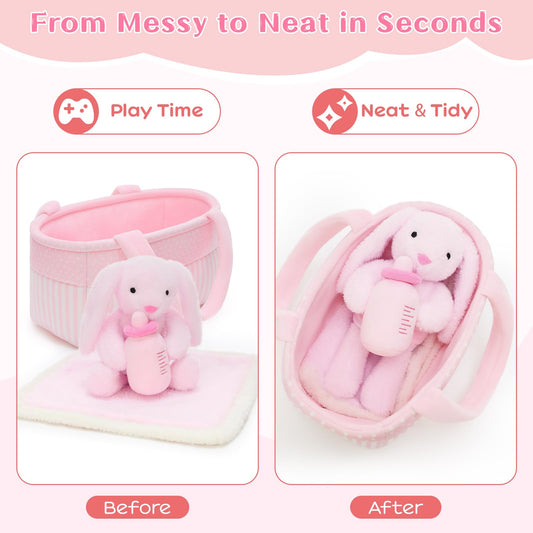 MaoGoLan 5pcs Baby Bunny Doll Set Bunny Plush Toys for Girls Kids, Pink Bunny Stuffed Animal with Doll Accessories (Bassinet/Diaper/Bottle/Blanket), Pretend Play Toys, Gift for Little Girls