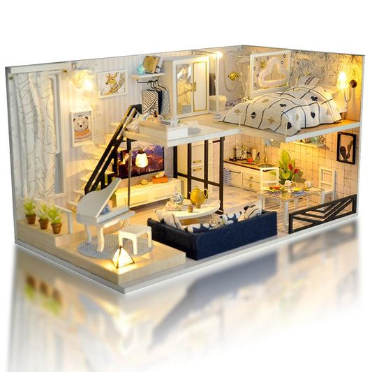 DIY Miniature Dollhouse Kit, Mini House Making Kit with Furnitures and Dust Cover, Tiny House Kit to Build for Adults, Hobby Craft Gift for Christmas Day, Loft House