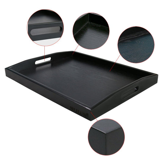 SILILUN Serving Tray Black Large Food Breakfast Wood Butler Tray with Handle 17.77 x 13.72 x 1.78