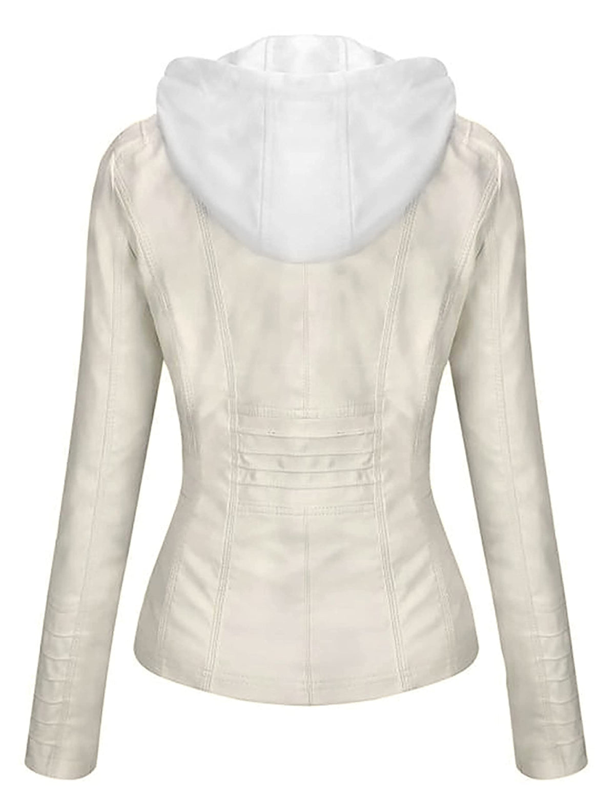 Springrain Women's Faux Leather Jacket Moto Biker Coat with Detachable Hood Motorcycle Jacket (Small, White)