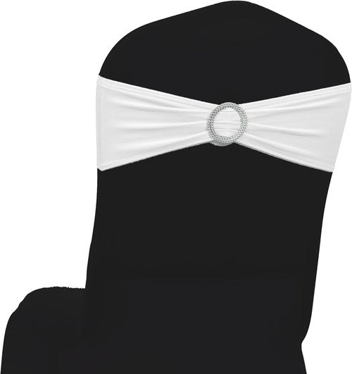 MDS Premium Spandex Chair Sashes - Stretchy Bow Covers with Buckle Slider | 25 Pack - White