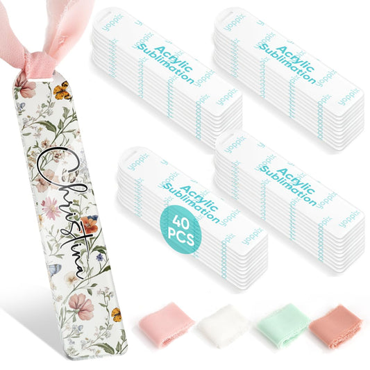 YOPPIX 80 Pcs Sublimation Acrylic Bookmark Blank kit, with 40 Ribbons for Heat Transfer Bookmarks Wedding Table Decorations, Christmas Tree Decor, Reading Lovers DIY Crafts Presents