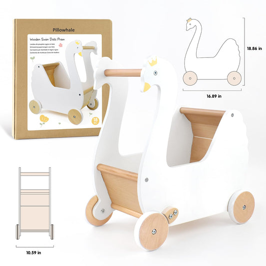 Pillowhale Wooden Doll Stroller, Baby Pram Toy, Wooden Swan Baby Walker for Toddler Boys & Girls 18 Months and Up