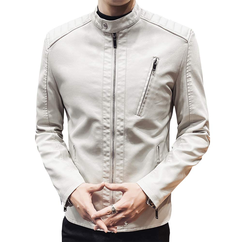 Womleys Mens Casual Stand Collar Slim Fit Faux Leather Jacket Biker Motorcycle Jacket (Ivory, Medium)