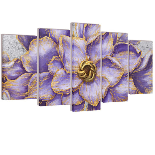 Kalormore 5 Pieces Vintage Purple Gold Flowers Painting Giclee Canvas Prints Floral Picture Artwork Gallery Wrapped Artwork for Modern Living Room Bedroom Ready to Hang