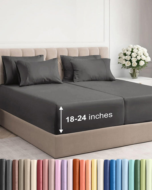 Skiennix Extra Deep Split King Sheet Set - 7 Piece Breathable Cooling Bedding - Soft Wrinkle-Free Charcoal