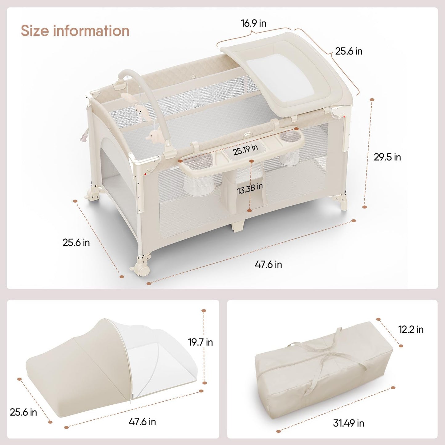 Obee Odee 4 in 1 Baby Bassinet, Pack and Play, Bedside Crib Sleeper, Diaper Changer - Comes with Mattress, Mosquito Net, Bottom Storage and Toy Bar for Newborn to Toddles