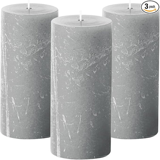 Simply Soson Grey Rustic Texture Pillar Candles 3x6 inch - Set of 3 - Unscented Decorative Grey Candles, No Drip, Ideal for Home Decor, Weddings, Holidays