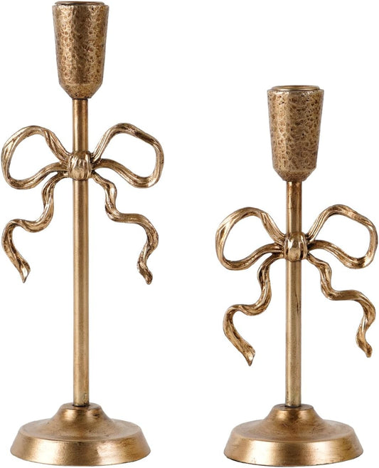 NIKKY HOME Gold Bow Iron Candle Holders - Vintage Decorative Taper Holders Set of 2 for Dining Room & Events
