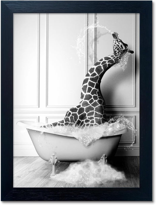 Skiennix Framed Animal Bathroom Wall Art - Funny Giraffe in Bathtub Canvas Print | Black and White Decor for Kids' Bathrooms