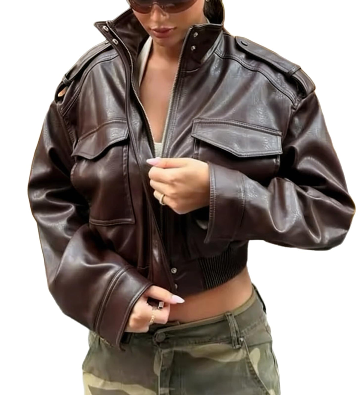 RISCUYY Brown Leather Jacket Women Stand Collar Zip Up Cropped Leather Jacket Women Trendy 2026