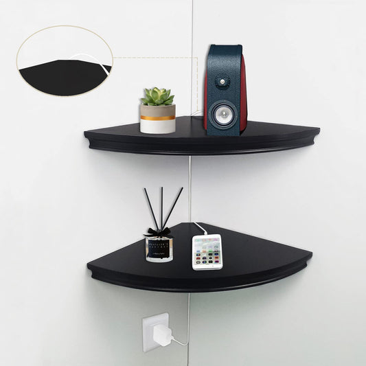 HAO Floating Corner Shelf Invisible Wall Mounted Shelves Radial Shape Cable Wire Hole Pattern Perfect for Bedroom Bathroom Living Room Kitchen Set of 2 Black