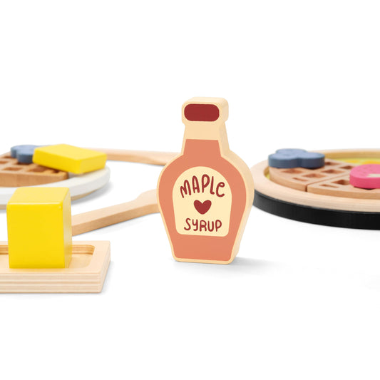 PairPear Wooden Waffle Maker Toy Food Playset, Kids Pretend Play Food Kitchen Accessories, Wooden Cooking Toy Baking Playset, Toddler Play Breakfast Brunch Tea Sets Cutting Food Gift for Girls Boys 3+