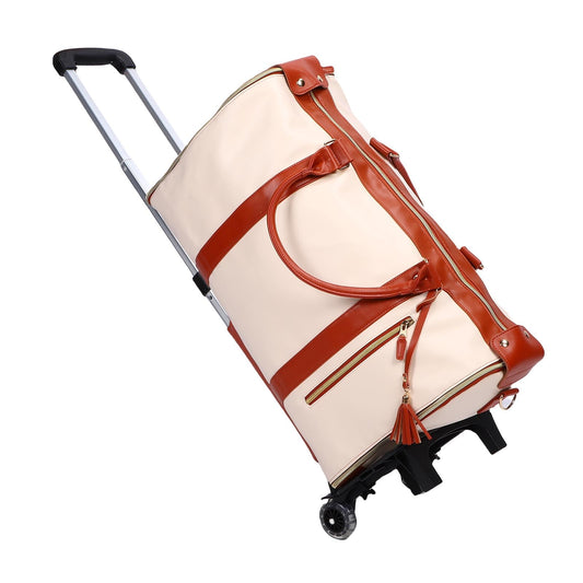 Keenso Rolling Garment Bag, Soft Leather Travel Bag with Detachable Trolley, 40L Large Capacity for Men and Women (Beige)