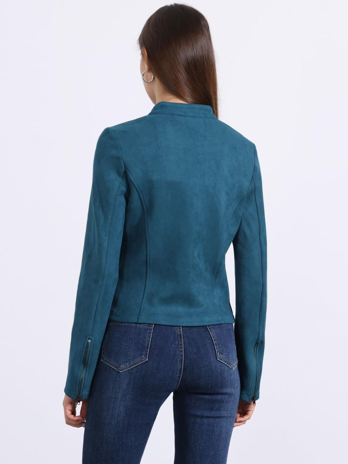 Allegra K Women's Faux Suede Jacket Stand Collar Zip Up Long Sleeve Motorcycle Biker Coat Small Peacock Blue