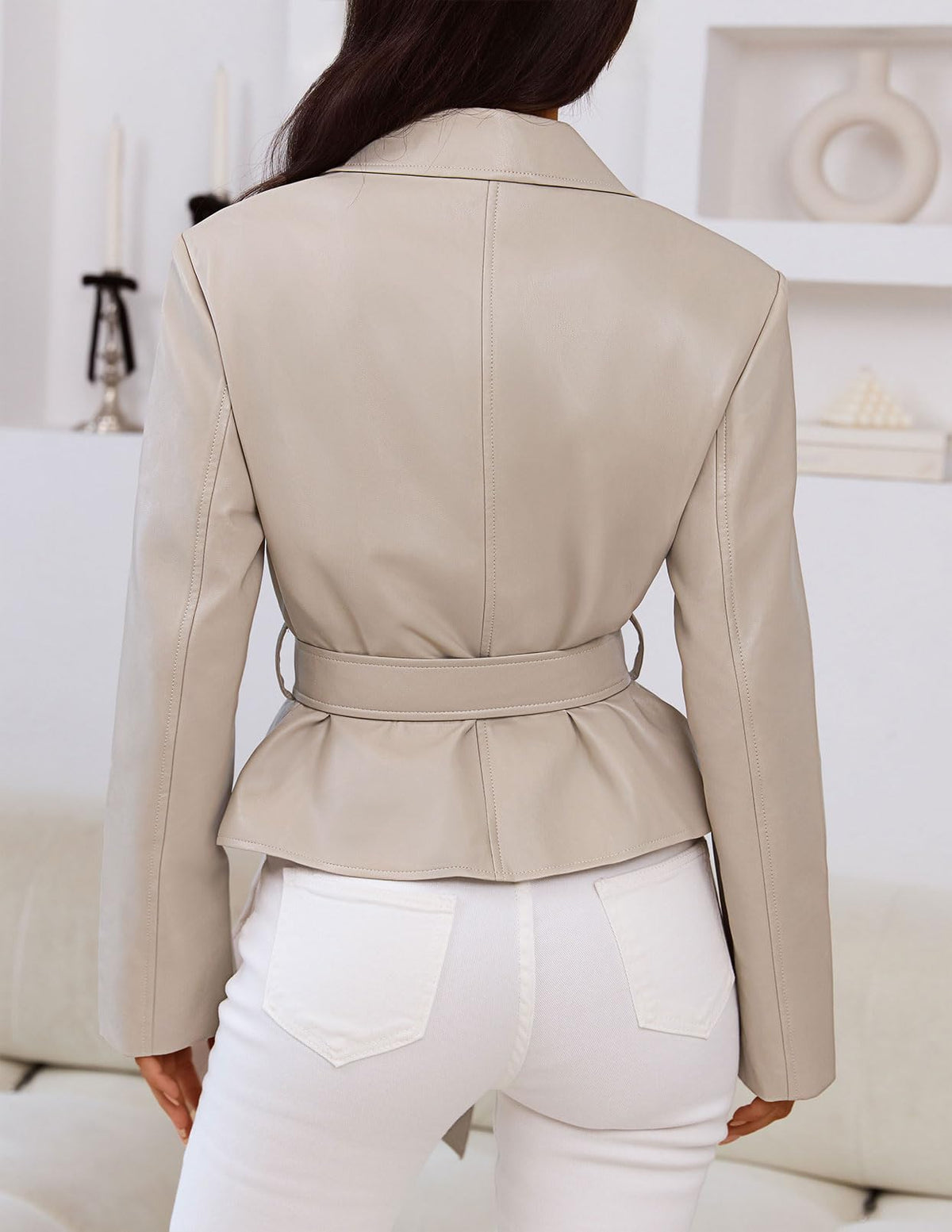 MEROKEETY Women's Fall Fashion 2025 Leather Jacket Casual Belt Button Down Blazer Trendy Coat Outerwear, Apricot, Medium