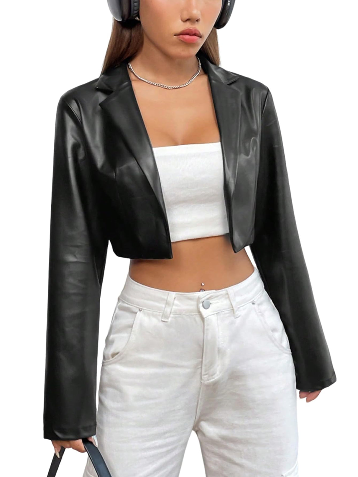 GORGLITTER Women's Cropped Faux Leather Jacket Y2k Long Sleeve Open Front Cardigan Bomber Moto Biker Jackets Rave Outfits Black Small