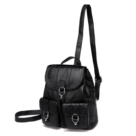VASCHY Mini Backpack Purse for Women, Fashion Faux Leather Buckle Flap Drawstring Backpack for College with Two Front Pockets Black