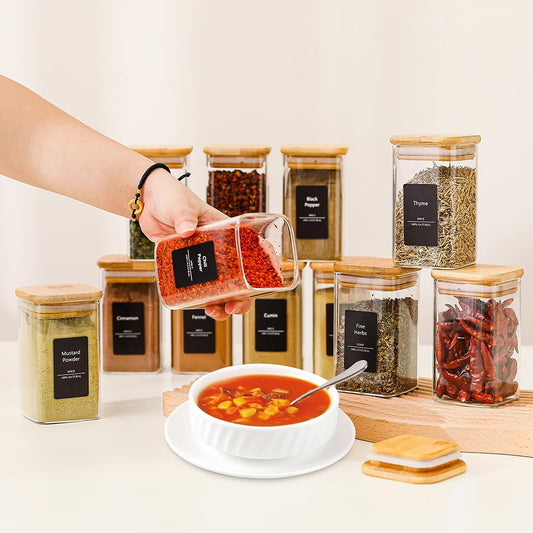 Homtop 16Pcs 9oz Spice Jars Glass Container with 275 Labels, Airtight Seasoning Empty Organizer with Bamboo Lid Set for Pepper, Salt, Sugar
