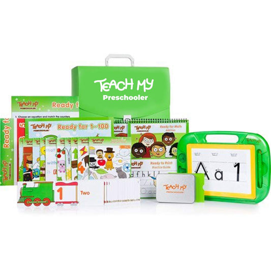 Teach My Preschooler Learning Kit: Screen-Free. Preschool Readiness. All-In-One Kit. Teach Reading, Printing, Numbers to 100, Early Math. 70+ pieces plus teaching guides and storage case. Age 3yrs+