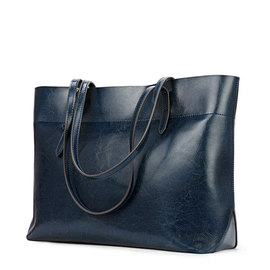Kattee Vintage Genuine Leather Tote Shoulder Bag for Women Satchel Handbag with Top Handles (Blue)