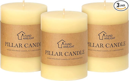 3x4 Inch Ivory Pillar Candles Set of 3 - Decorative Unscented Pillar Candles, Long Burning Dripless Candles for Table Decor, Smokeless Large Pillar Candles for Wedding, Dinner, Rustic Home Decor