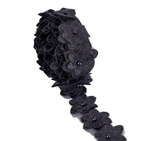 HOBBIESAY 4 Yards Pearl Trim Organza Lace Ribbon 1.67 Inch Wide Black Organza Flower Trim 3D Embroidered Applique Fabric for Sewing Craft Wedding Bridal Dress Clothes Embellishment