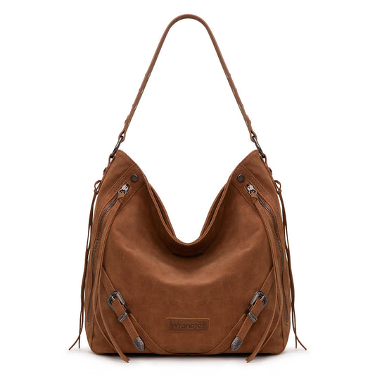 Wrangler Large Brown Hobo Bags for Women Purses and Handbags with Buckle Fringe Zipper Faux Suede Leather Shoulder Bag WG245-918BR