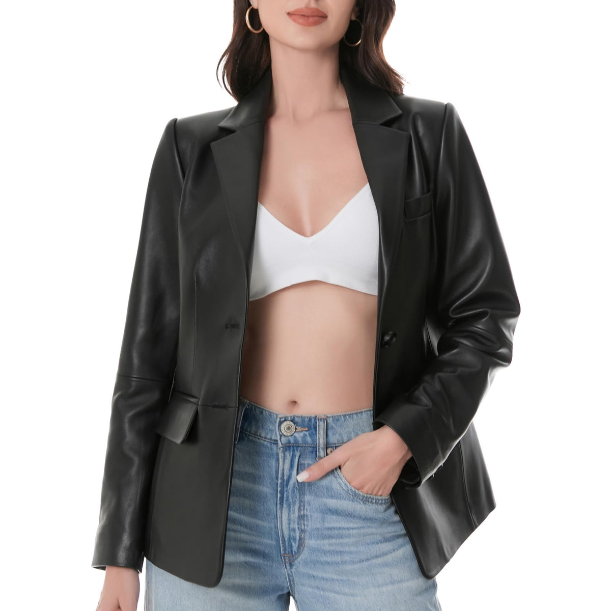 SILVER FASHIONS Lambskin Leather Jacket Women,Long Sleeve Button Front Leather Blazer,Notched Lapel Casual Style,Vent Detail (Large,Black)