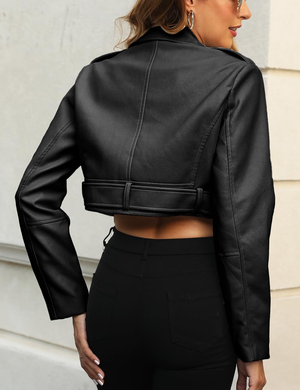 Bellivera Women's Cropped Faux Leather Jacket Bomber Zip Up Coat PU Moto Bike Outwear 2236 Black XXL