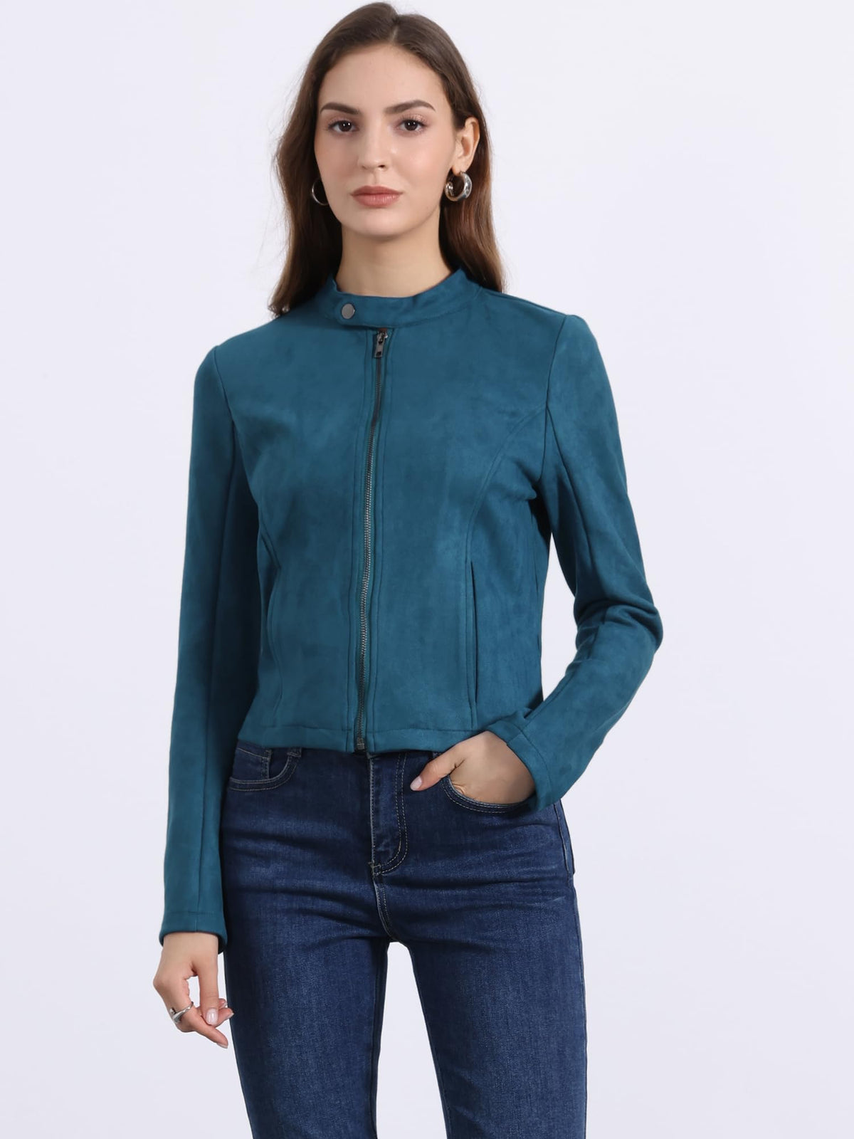 Allegra K Women's Faux Suede Jacket Stand Collar Zip Up Long Sleeve Motorcycle Biker Coat Small Peacock Blue