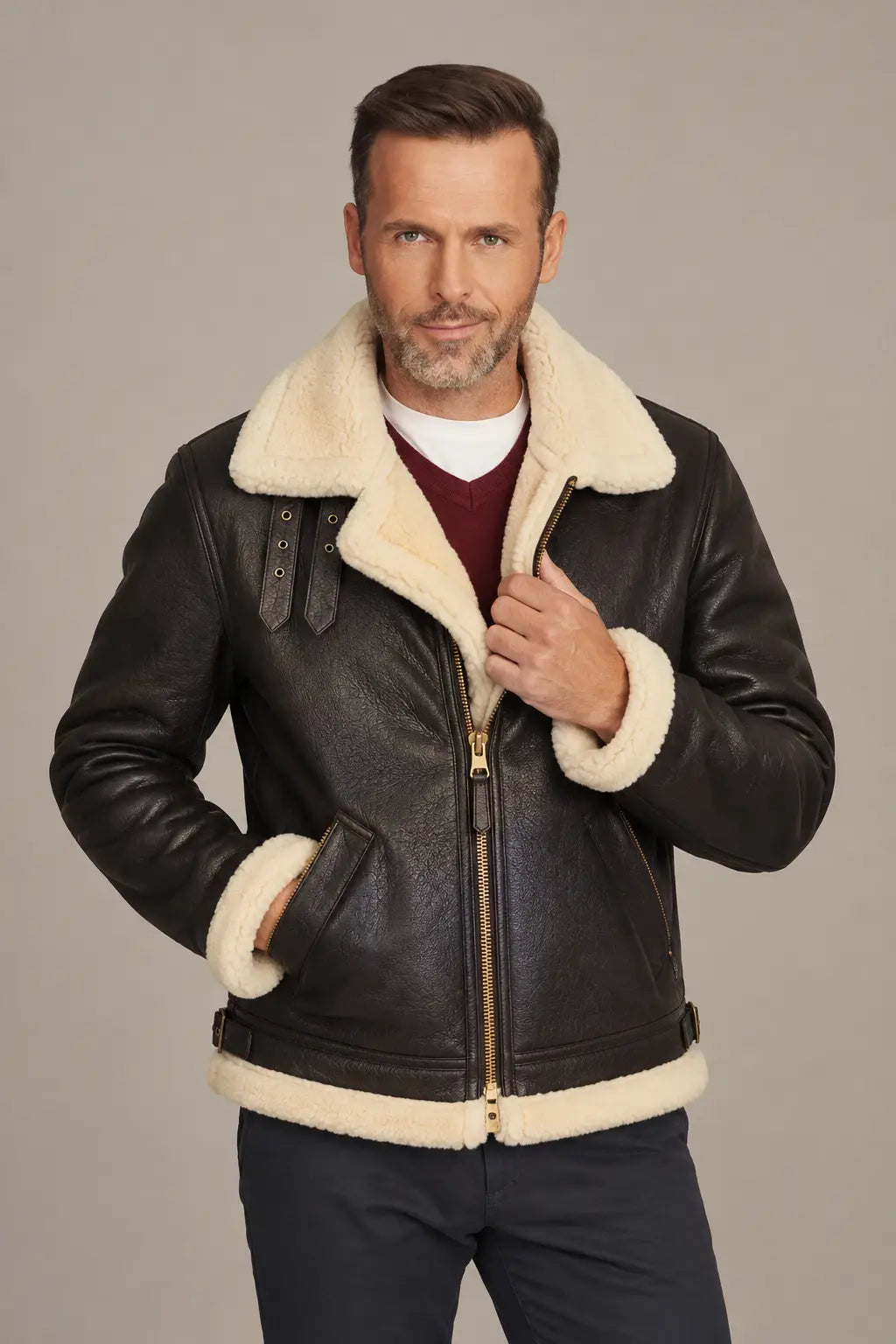 Sowachi Men's Black Aviator B3 Bomber Leather Jacket