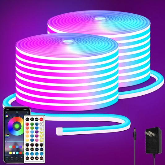segrass 100FT RGB LED neon Rope Lights LED neon Lights with Remote/APP Control 24V IP65 Waterproof Flexible Neon LED Strip Lights for Bedroom Room Outdoors Decor（2 Rolls of 50ft）