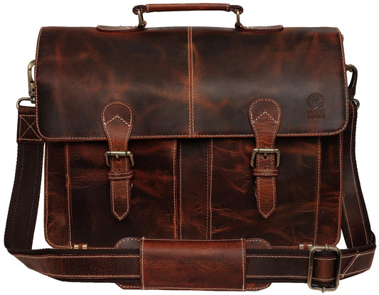 RUSTIC TOWN Handmade 16 inch Brown Leather Shoulder Briefcase Messenger Bag Men's 15.6-inch Laptop Satchel