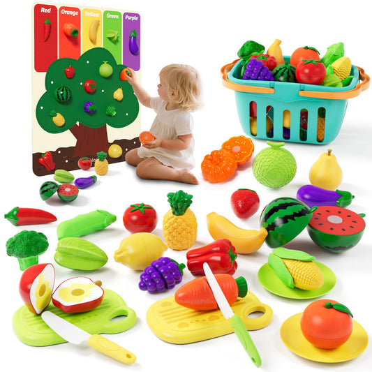 Mimiblooms Play Food Set with Cutting Fruits&Felt Tree Mat, Pretend Food Play Kitchen Accessories, Toy Kitchen Food Playset for Toddlers, Preschool Learning Toys for Kids Ages 3 4 5 6 Boys Girls Gift