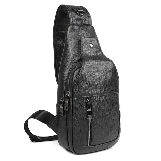 Polare Cowhide Leather Waterproof Casual Daypack Anti Theft Sling Shoulder Chest Crossbody Bag For Men (Black-Small)